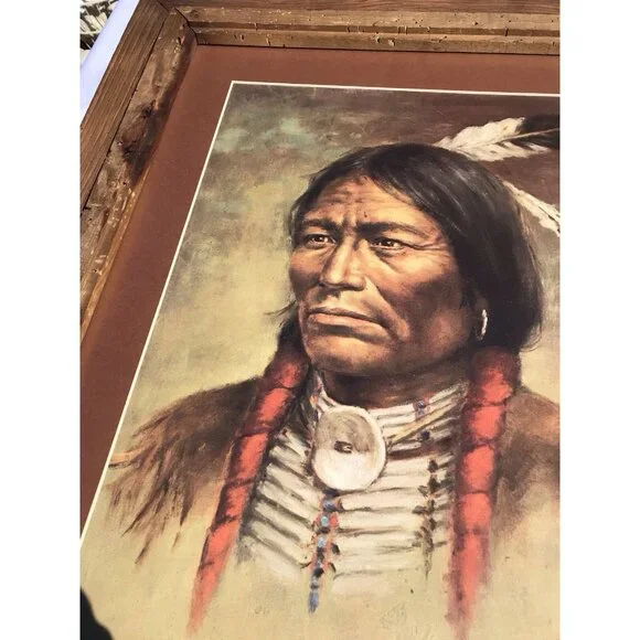 Vtg 70s BILL HAMPTON Art Print Native American Indian Western Framed 25x21 - Picture 3 of 15